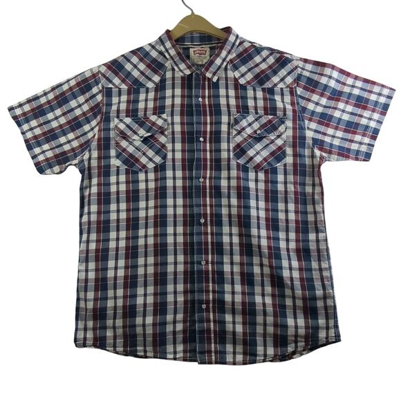 Levis Mens XX-Large Red/Blue/White Checkered Pearl Snap Button Down Shirt VTG - Picture 1 of 10
